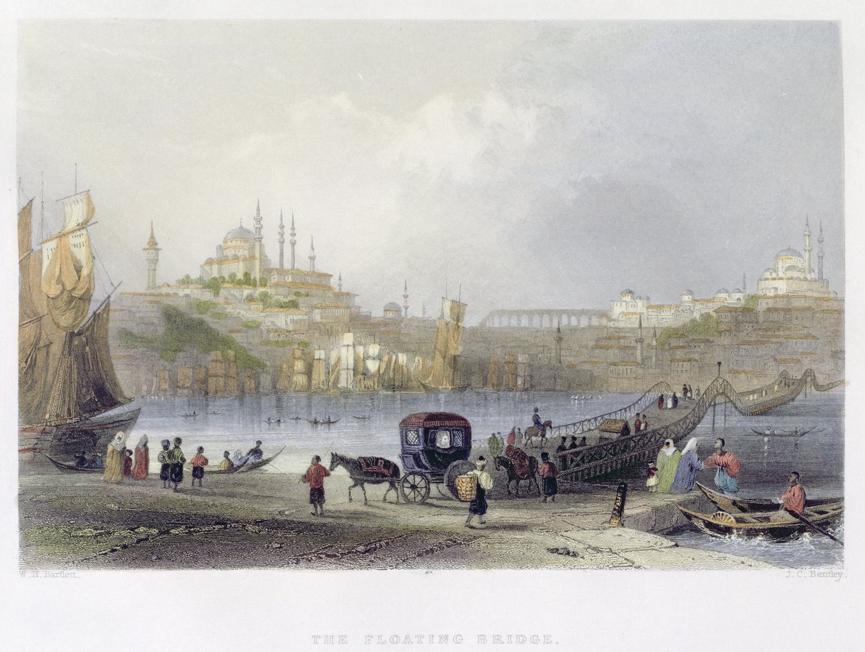 De Drijvende Brug, Istanbul, gegraveerd door J.C. Bentley, ca. 1850 door William Henry Bartlett