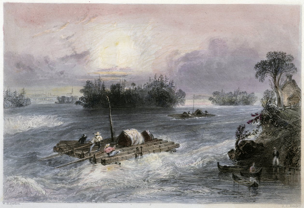 Transport van hout en stroomversnellingen naar het dorp Cedars - in "Canadian scenery illustrated" door Bartlett W. H. door William Henry Bartlett