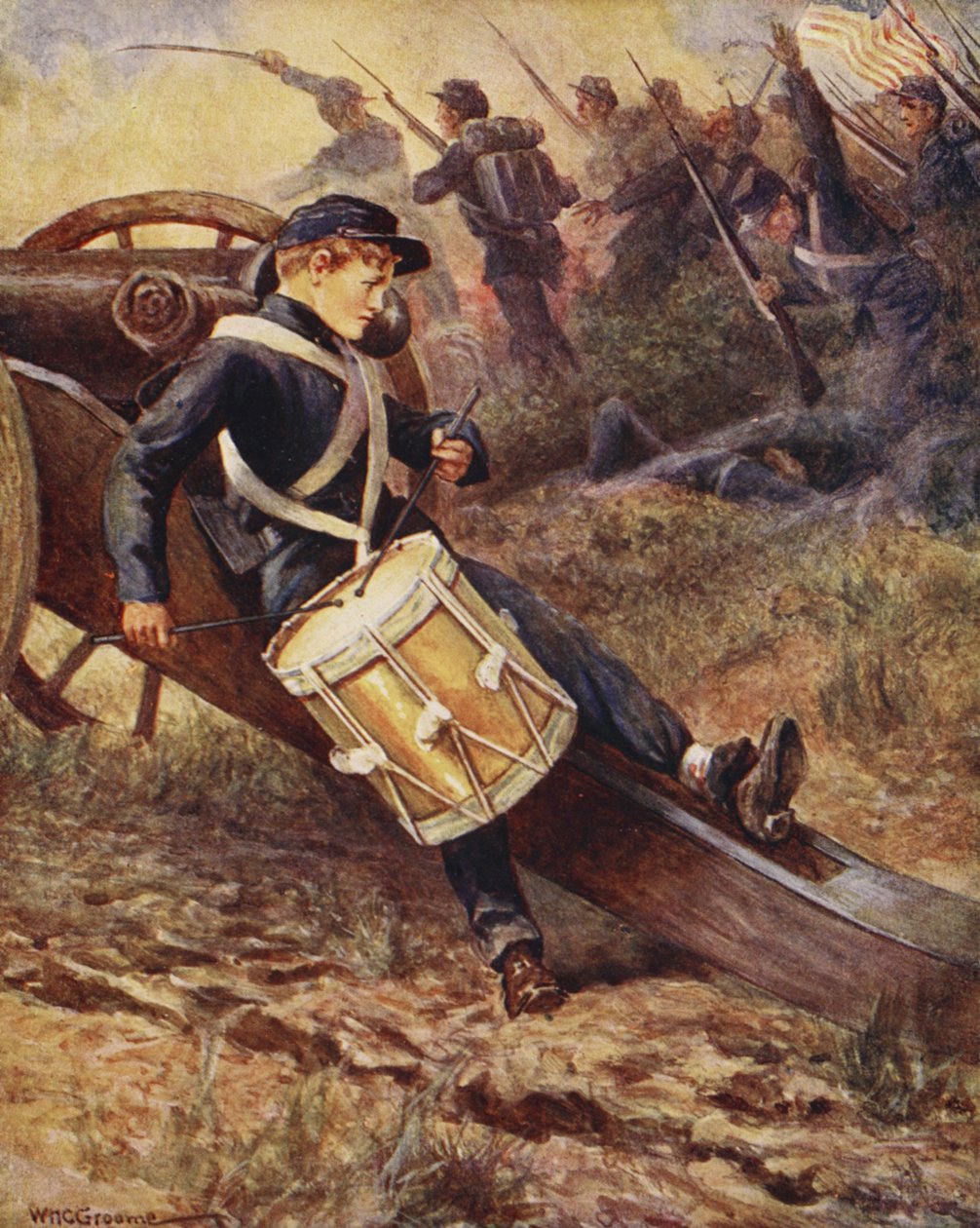 Hij kroop achter een kanon en werd bleker en bleker, uit Ballads of Famous Fights, Eerste Editie, 1920 door William Henry Charles Groome