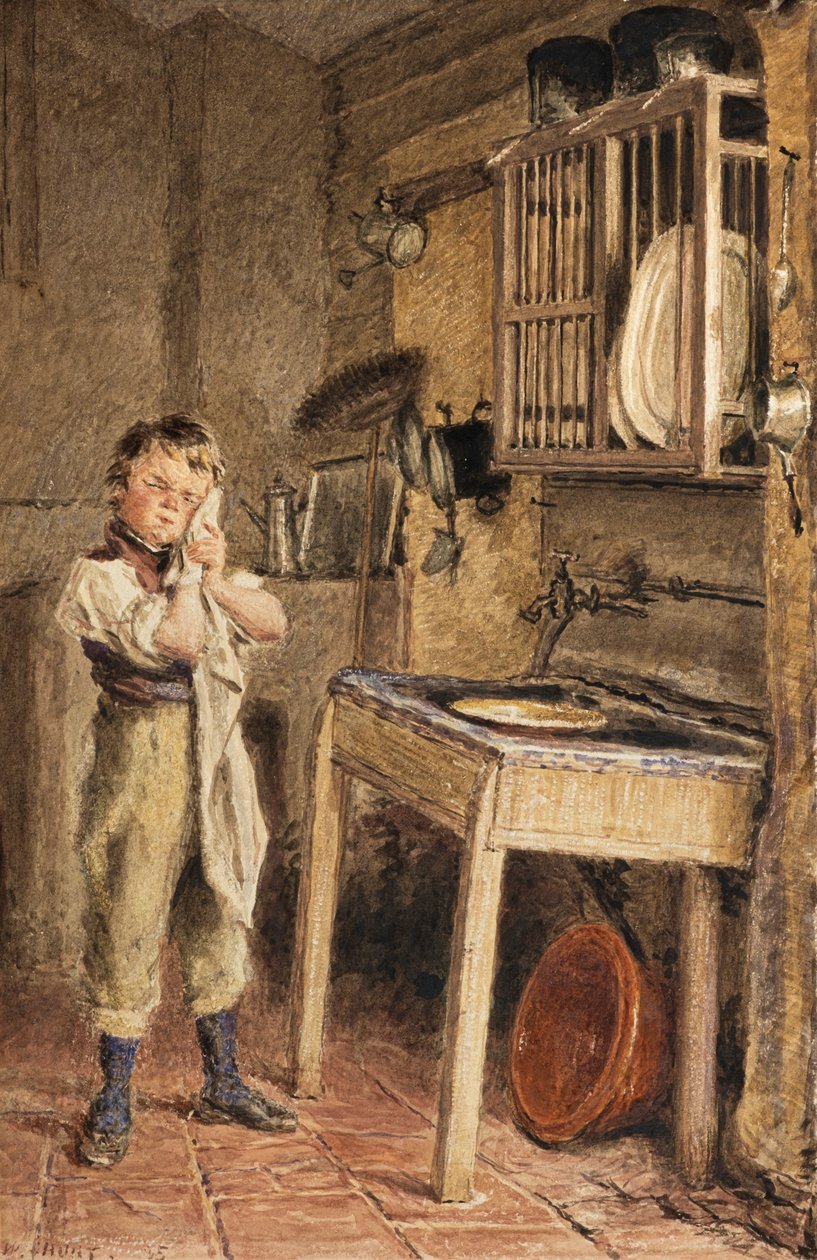 Een jonge jongen die zich wast bij de keukenspoelbak door William Henry Hunt