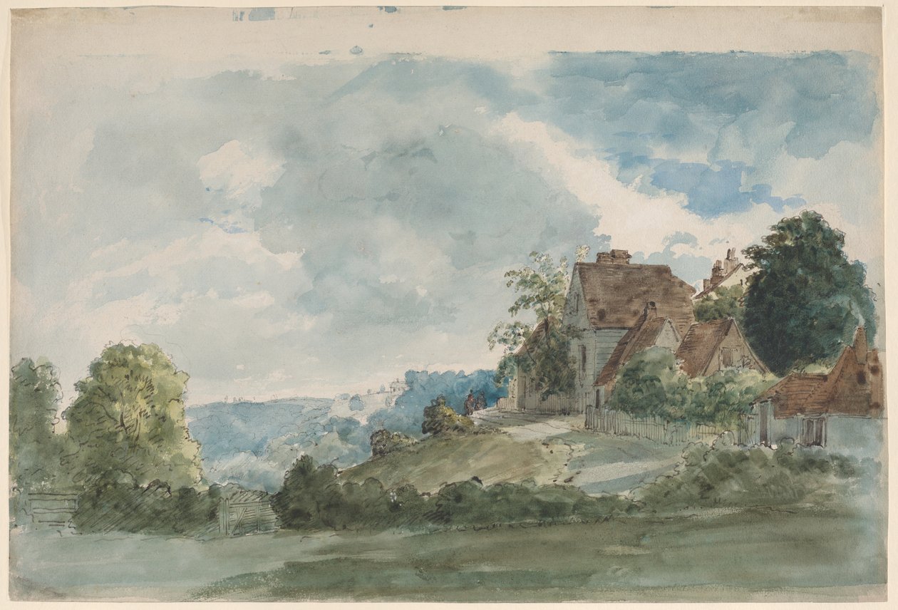 Huisjes in een uitgestrekt landschap door William Henry Hunt