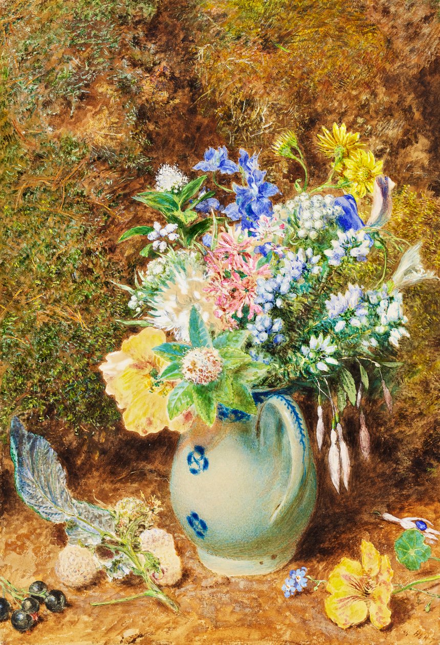 Lichtblauwe Chinese kan met heide en kleine bloemen, ca. 1860 door William Henry Hunt