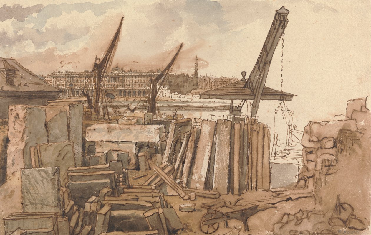 De bouw van de Waterloo-brug door William Henry Hunt