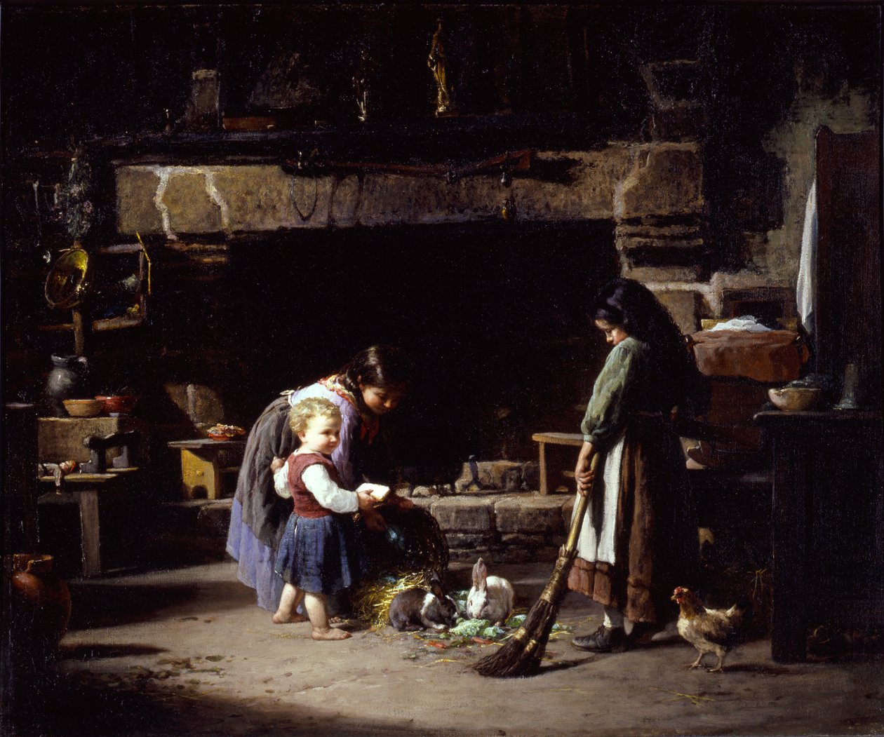 Boerderij interieur: Bretonse kinderen voeden konijnen door William Henry Lippincott