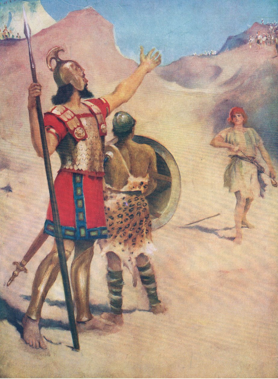 David en Goliath, uit Het Bijbel Prentenboek uitgegeven door Thomas Nelson, ca.1950 door William Henry Margetson
