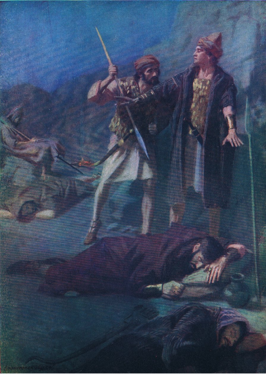 David spaart Saul, uit Het Bijbel Prentenboek uitgegeven door Thomas Nelson, ca.1950 door William Henry Margetson