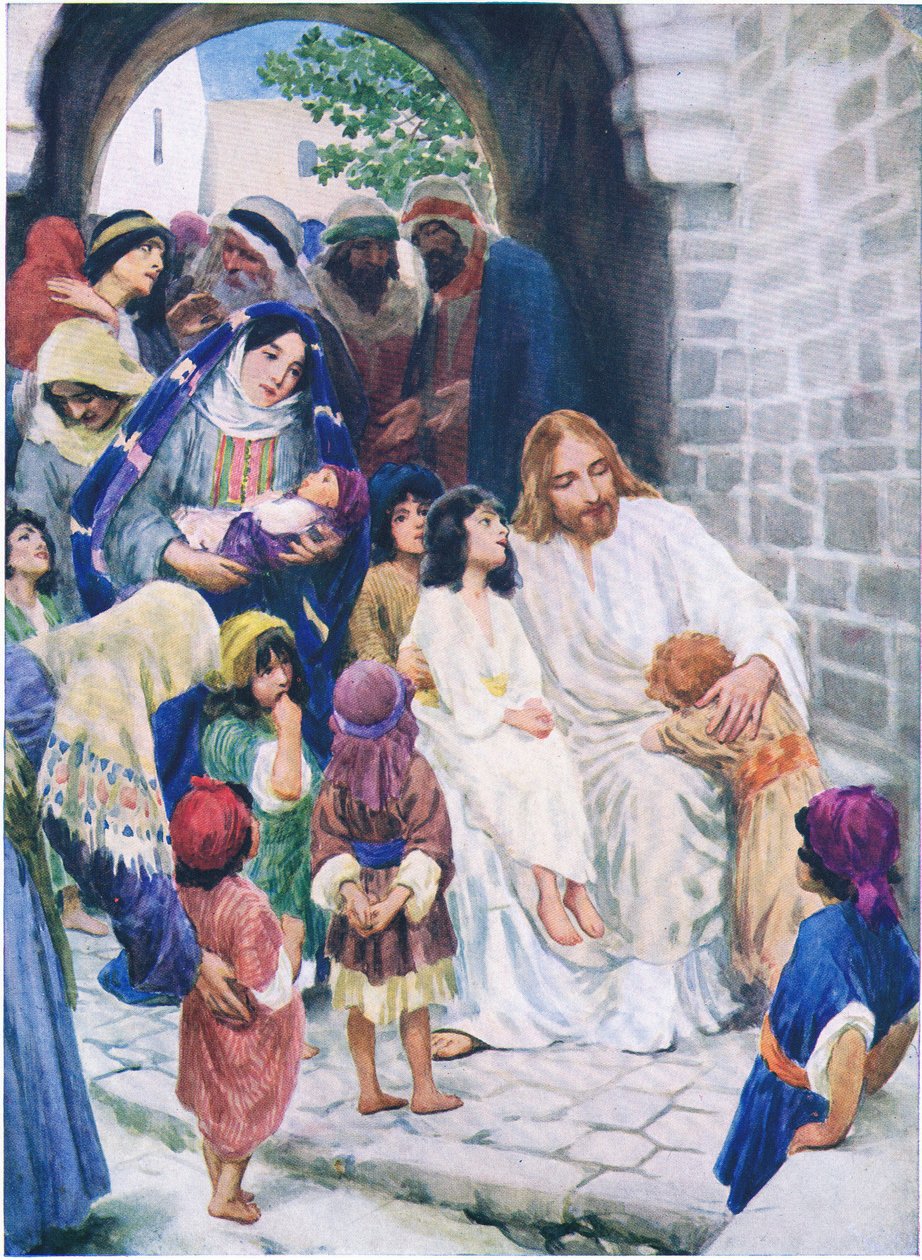 Jezus en de kinderen, uit Het Bijbel Prentenboek uitgegeven door Thomas Nelson, ca.1950 door William Henry Margetson