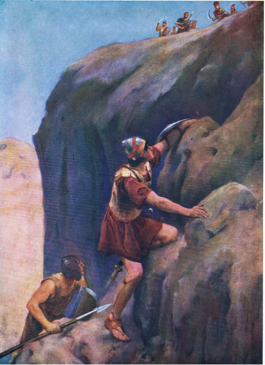 Jonathan en zijn wapendrager, uit Het Bijbel Prentenboek uitgegeven door Thomas Nelson, ca.1950 door William Henry Margetson