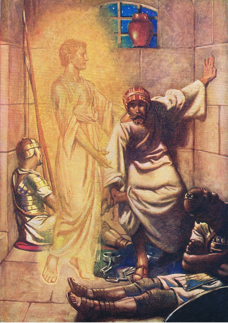 Petrus bevrijd uit de gevangenis, uit Het Bijbel Prentenboek gepubliceerd door Thomas Nelson, ca.1950 door William Henry Margetson