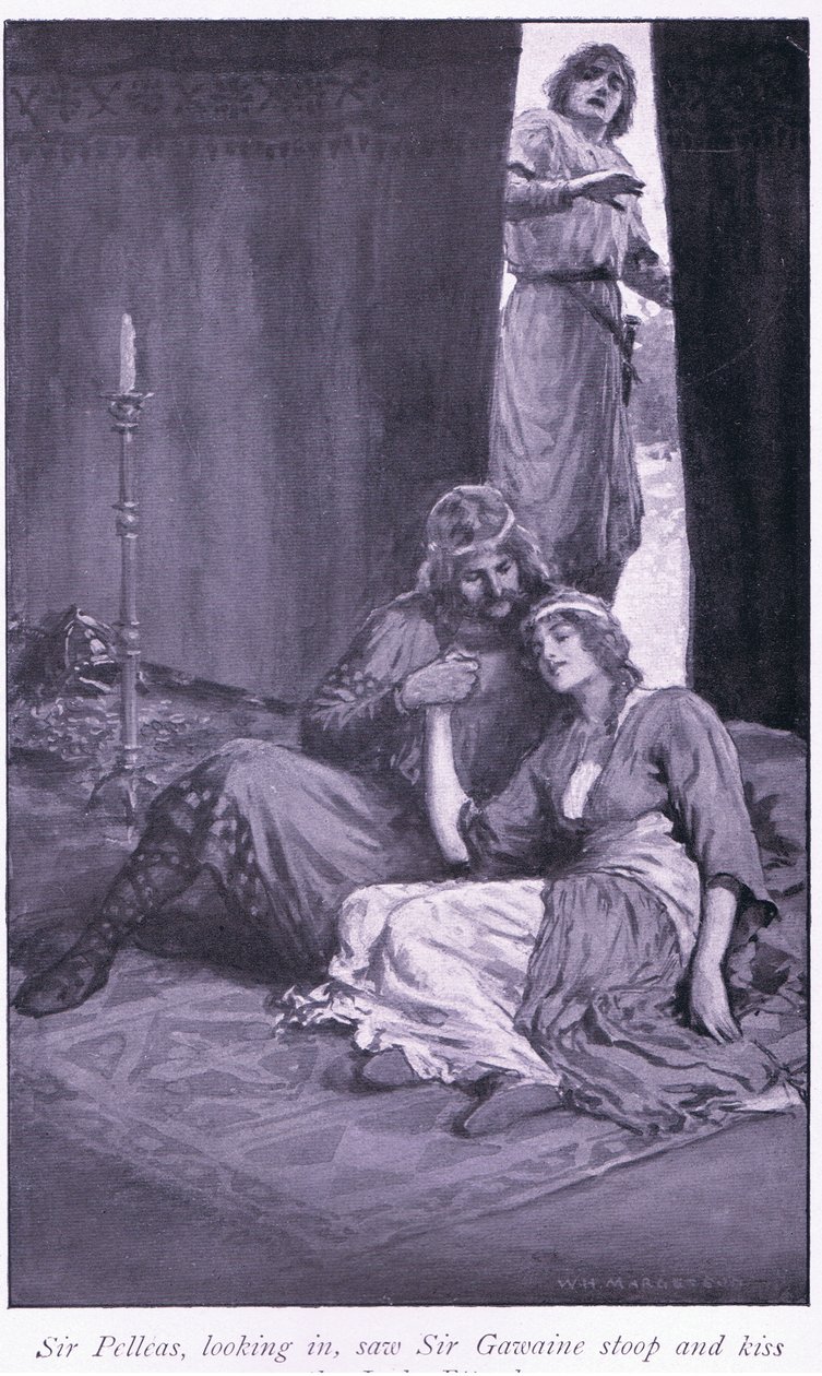 Sir Pelleas, die naar Binnen Kijkt, Zag Sir Gawaine Buigen en de Dame Ettard Kussen door William Henry Margetson