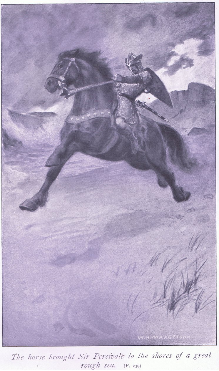 Het paard bracht Sir Percivale naar de oevers van een grote ruwe zee door William Henry Margetson