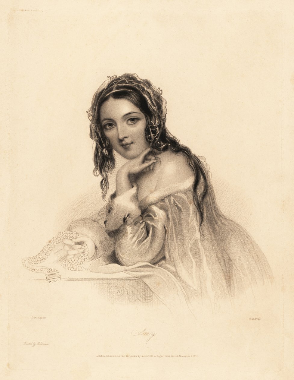Portret van Amy. Schoonheid met een sluier over lang haar, jurk met hermelijnen rand, die een parelketting vasthoudt. Staalgravure door William Henry Mote naar een illustratie van John Hayter uit Charles Heath