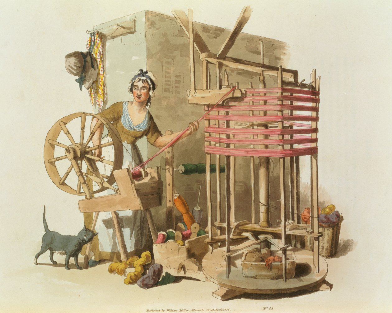 Een vrouw die wol spint (gegraveerd door de kunstenaar, 1808) door William Henry Pyne