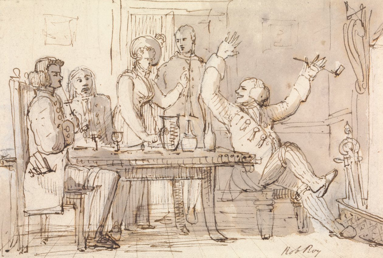 Een illustratie bij Rob Roy: Interieur met een feest dat drinkt door William Henry Pyne