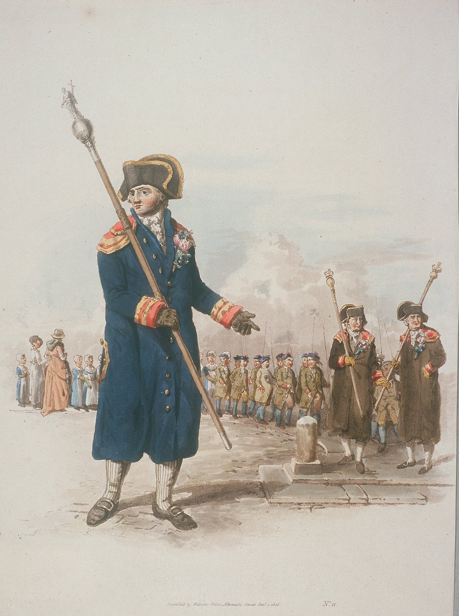 Parochiebode in burgerkostuum met een staf, 1805 door William Henry Pyne