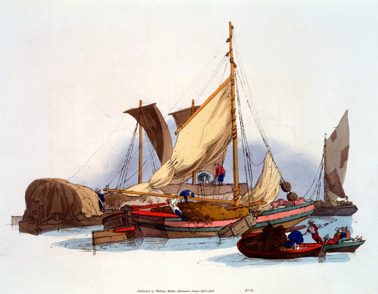 Watermannen en schippers verplaatsen goederen en passagiers, 1808 door William Henry Pyne