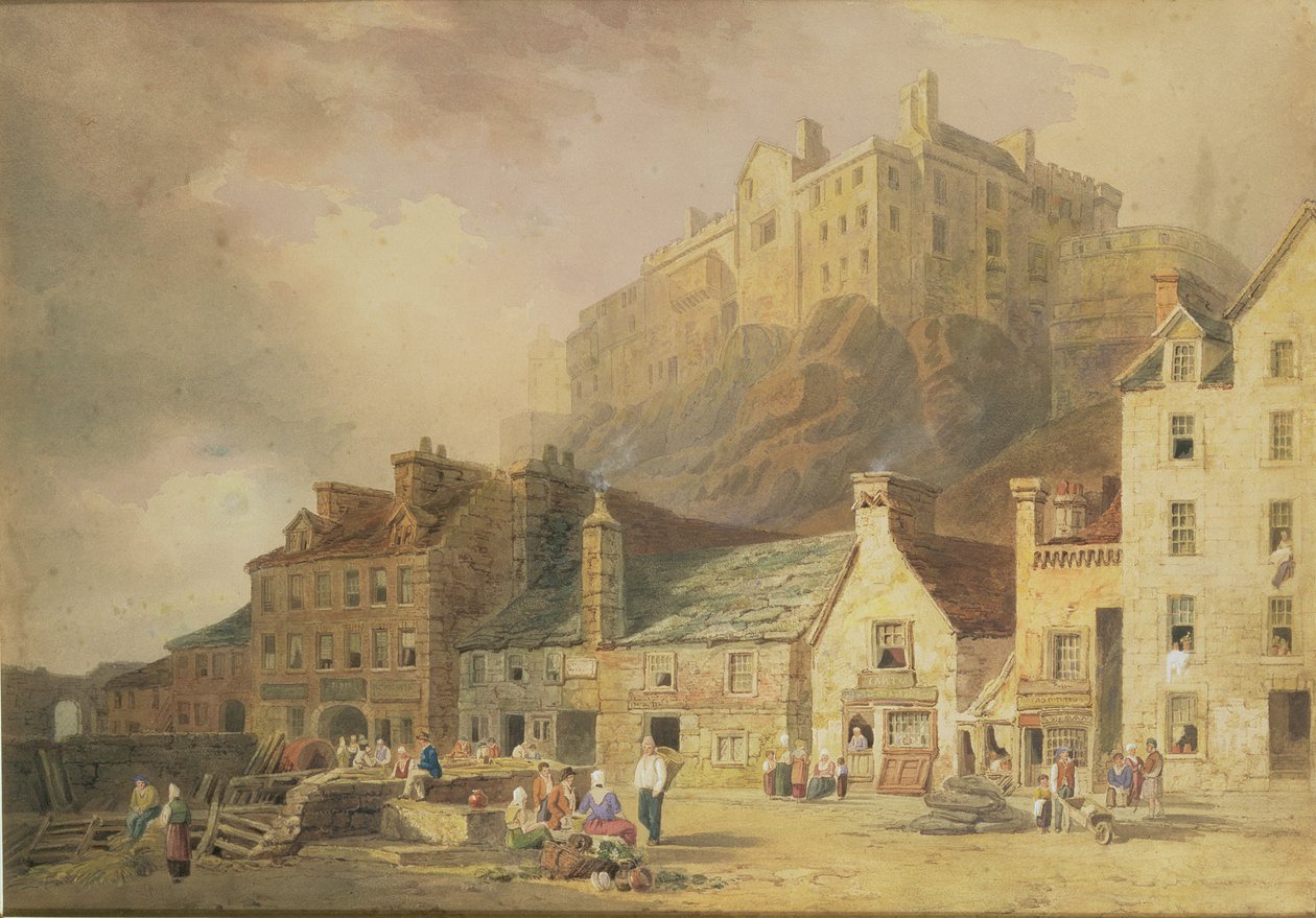 Kasteel van Edinburgh vanaf de Grass Market, met zicht op de Little West Port, c.1820 door William Henry Stothard