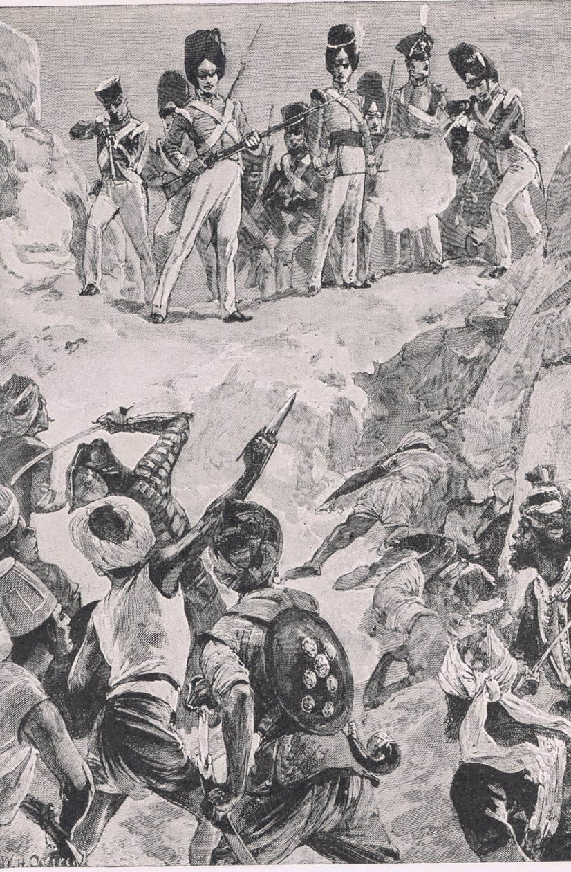Volgelingen van Carmichael vuurden een salvo in de dichte menigte: Slag bij Bharatpur 1826, illustratie uit Britse gevechten op land en zee, 1915 door William Heysham Overend