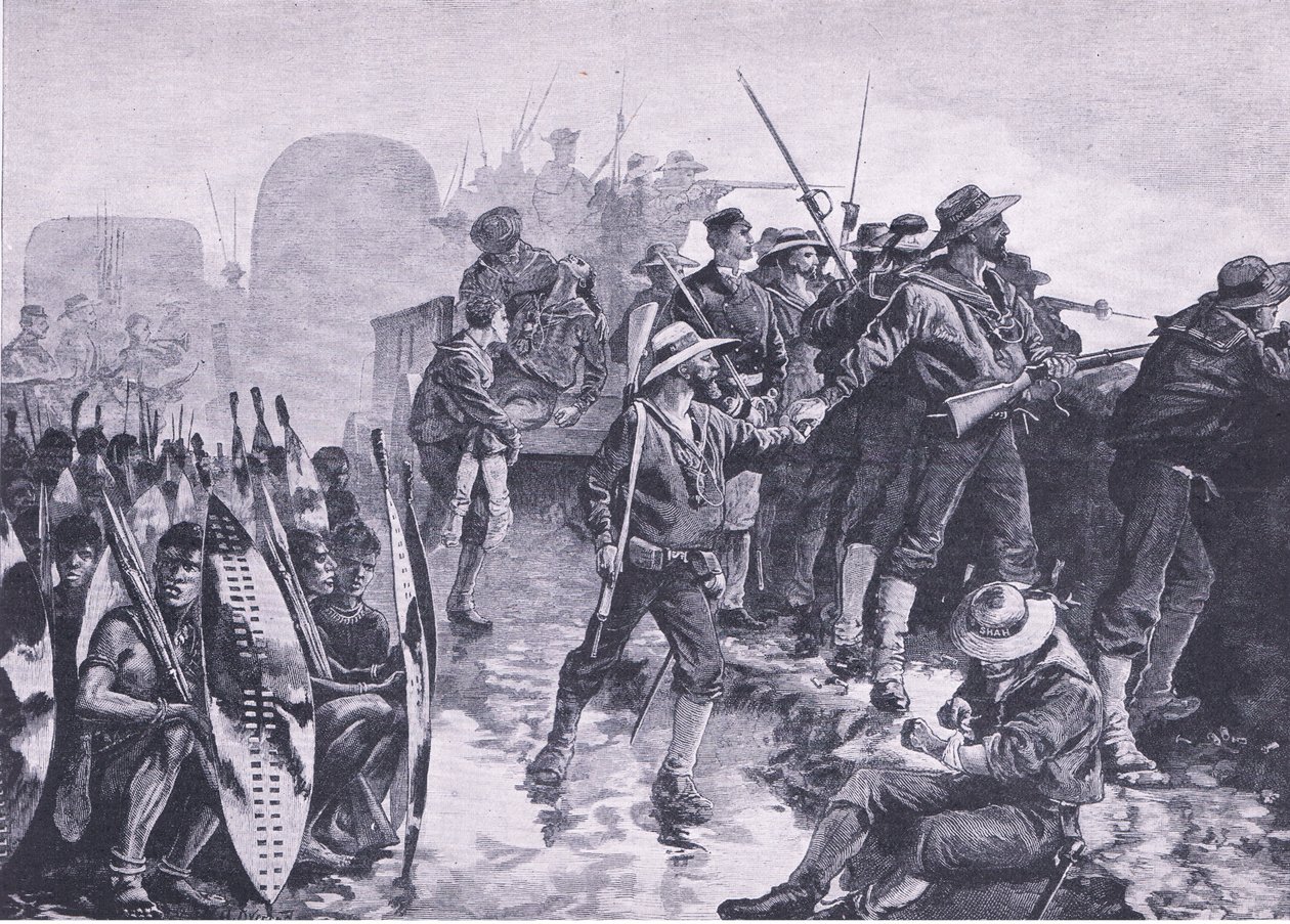 Verdediging van een laager tegen een Zulu-aanval, illustratie uit British Battles on Land and Sea, 1915 door William Heysham Overend