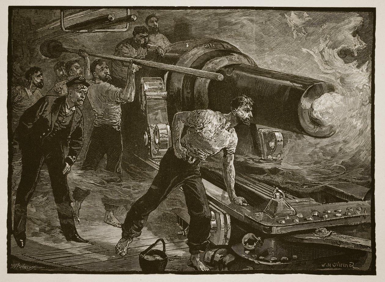 Zeestrijd: het bedienen van een scheepskanon, gegraveerd door W.J. Palmer door William Heysham Overend