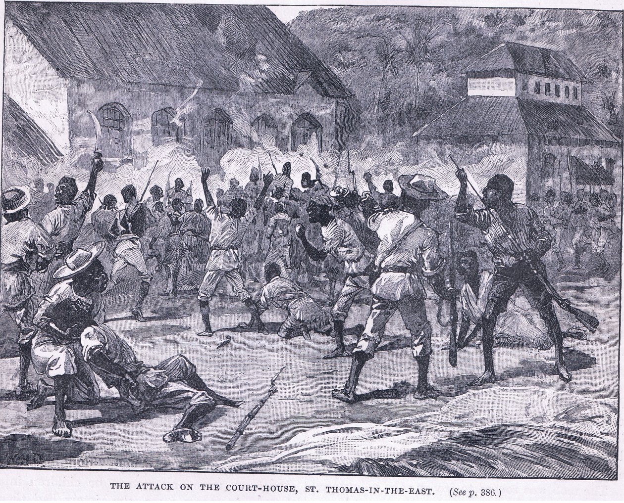 De aanval op het gerechtsgebouw, St. Thomas in het Oosten, Jamaica door William Heysham Overend