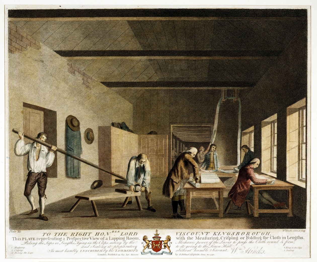 Aan de eerwaarde Lord Viscount Kingsborough... deze plaat die een perspectivisch uitzicht op een lapping room voorstelt, met het meten, krullen of vouwen van het doek in lengtes, Plaat XI, De Linnenmanu door William Hincks