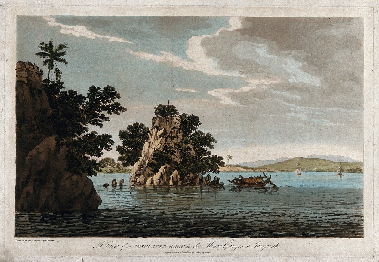 Zicht op een geïsoleerde rots in de Ganges bij Jangerah door William Hodges