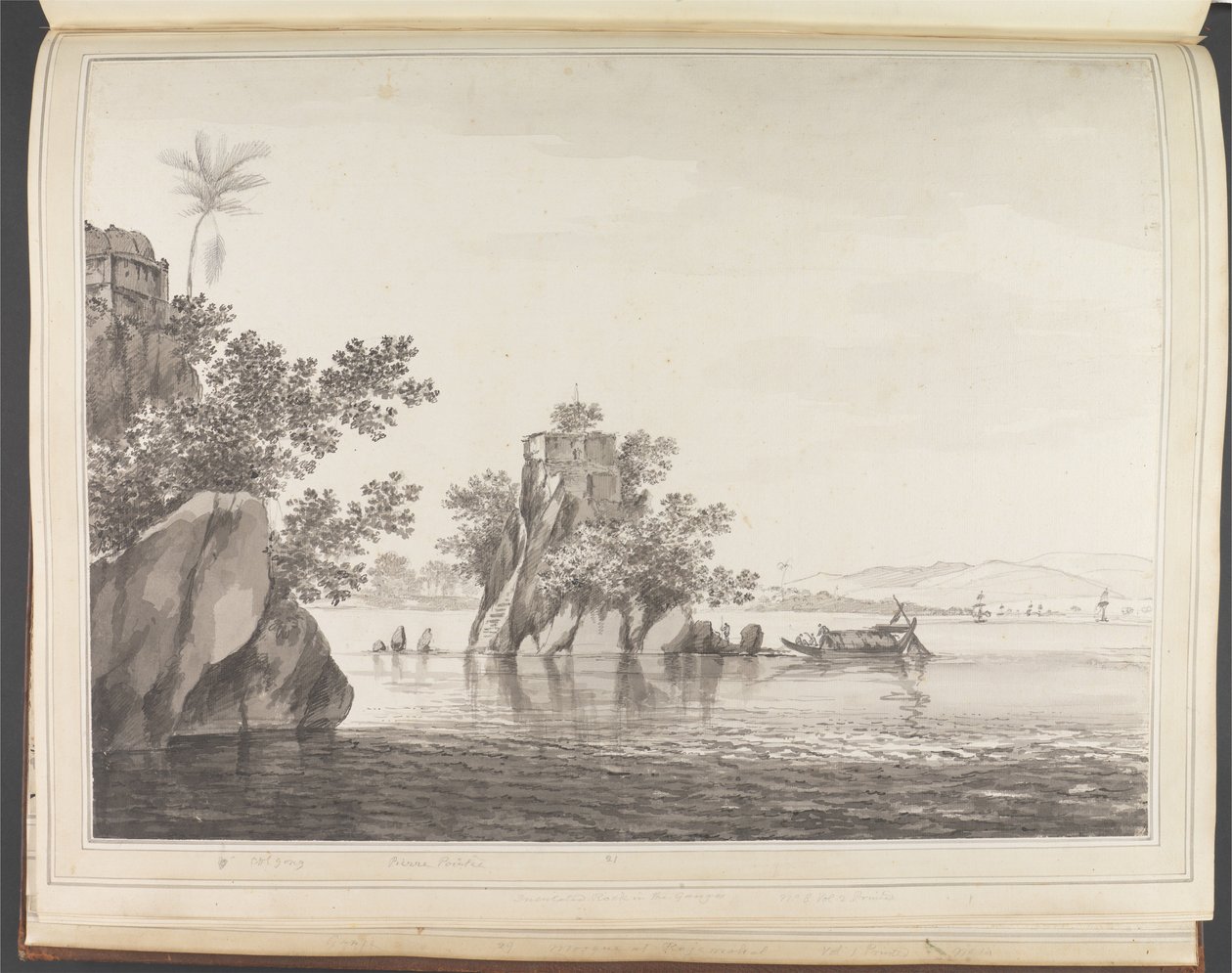 Gezicht op een geïsoleerde rots in de rivier de Ganges bij Jangerah [Jahangira] door William Hodges