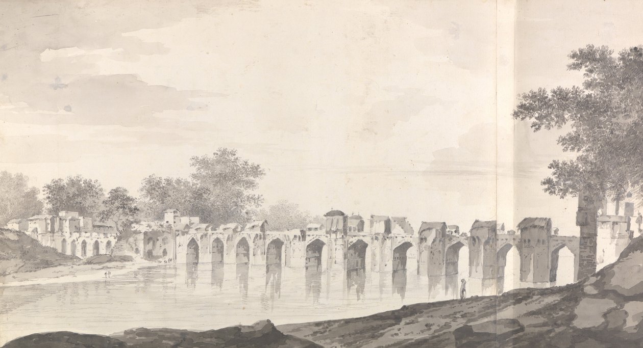 Gezicht op de brug bij Jaunpur over de rivier de Gomti door William Hodges