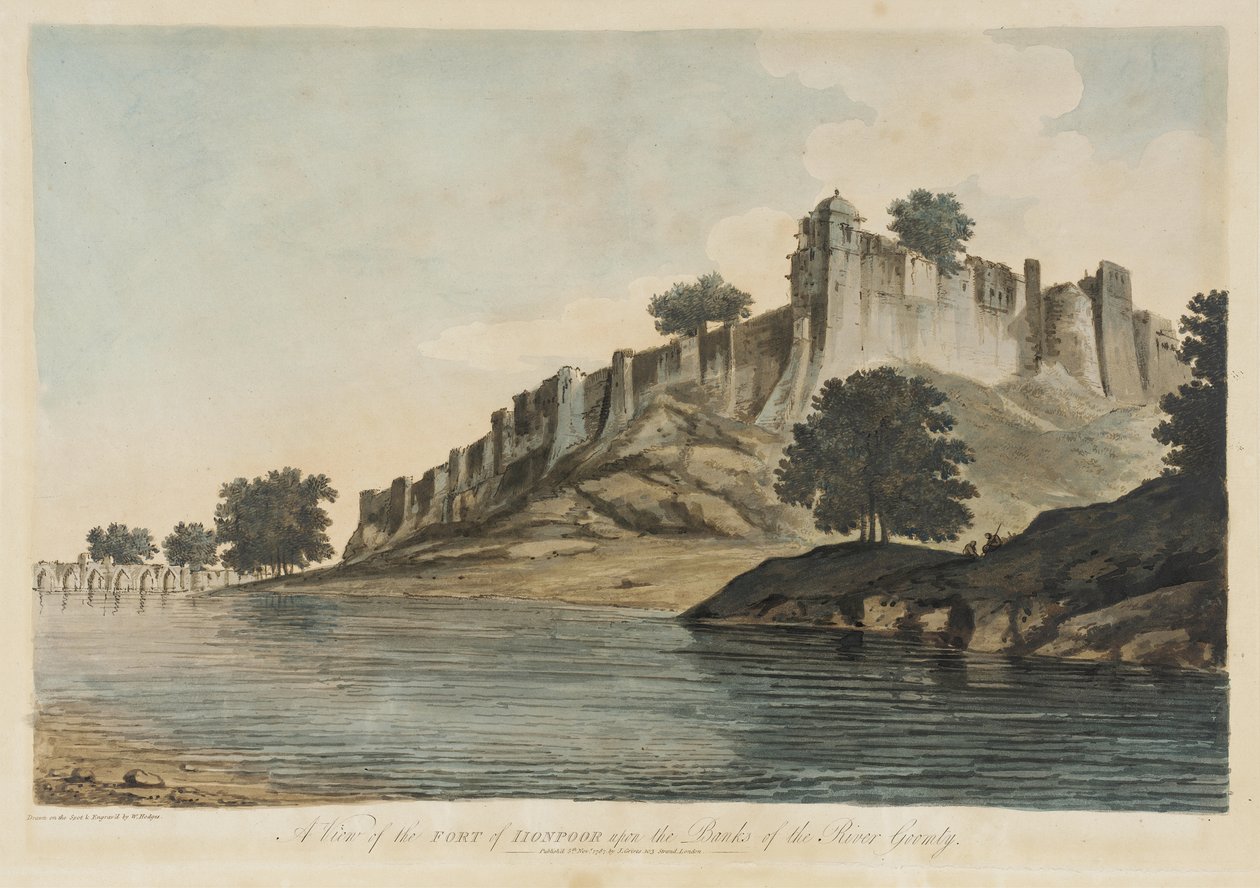 Een afbeelding van het fort van Iionpoor [fort van Firuz Shah Tughluq, Jaunpur, Uttar Pradesh, 1360] aan de oevers van de rivier de Goomty [Gumti], uit de reeks „Select Views in India” door William Hodges