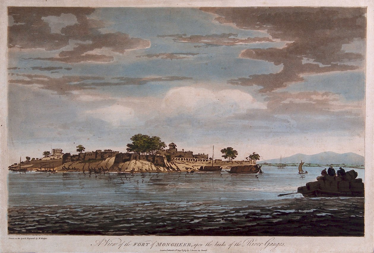 Gezicht op het fort van Mongheer, aan de oevers van de Ganges door William Hodges