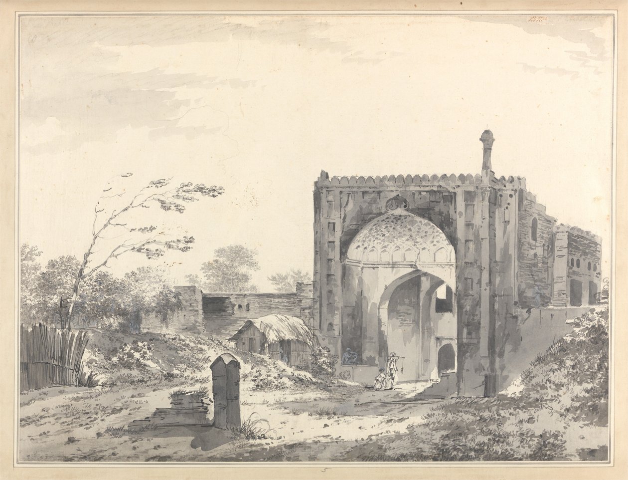 Gezicht op de poort van de karavanserai in Raje Mahel [Rajmahal] door William Hodges