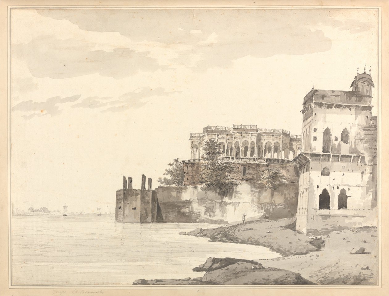 Een blik op de ruïnes van een paleis in Gazipoor [Ghazipur] aan de rivier de Ganges door William Hodges