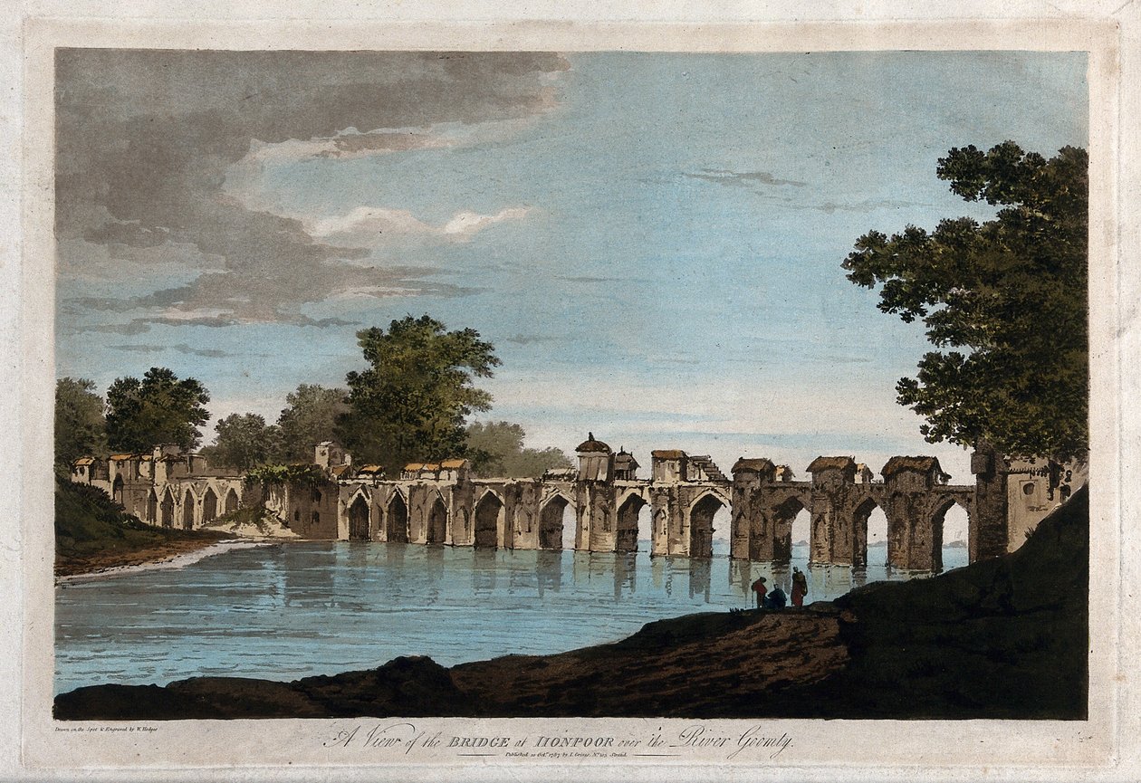 Gezicht op de brug bij Jionpoor over de rivier Goomty door William Hodges
