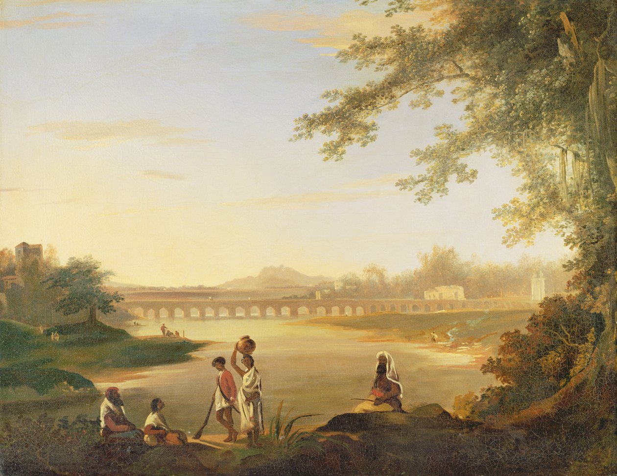 De Marmalongbrug, met een sepoy en inboorlingen op de voorgrond, ca. 1783 door William Hodges