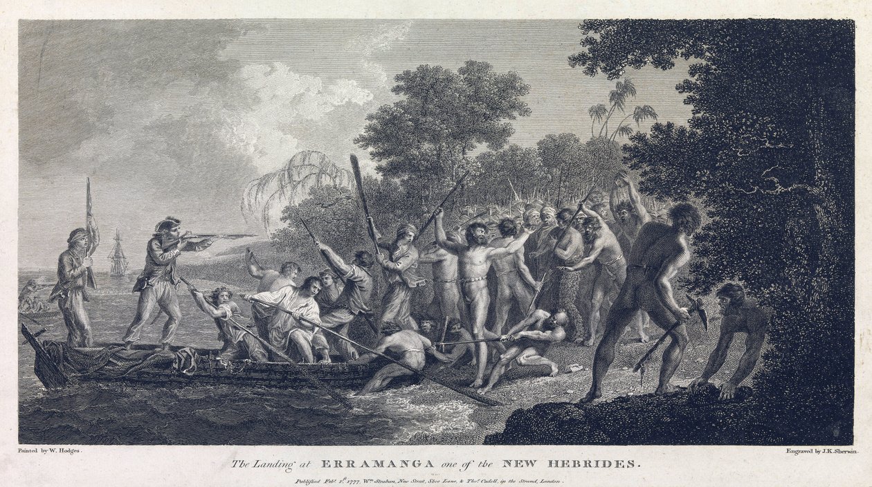 De landing op Erramanga (of Eromanga), een van de eilanden van Vanuatu (voorheen Nieuwe Hebriden, archipel in de Stille Oceaan), toont de bemanning van een kano die vecht met krijgers van het eiland door William Hodges