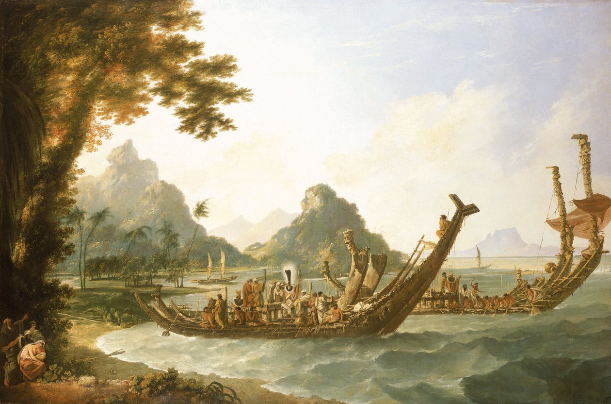 De oorlogsschepen van het eiland Otaheite (Tahiti) en de Society-eilanden, met een uitzicht op een deel van de haven van Ohaneneno, op het eiland Ulieta, een van de Society-eilanden door William Hodges