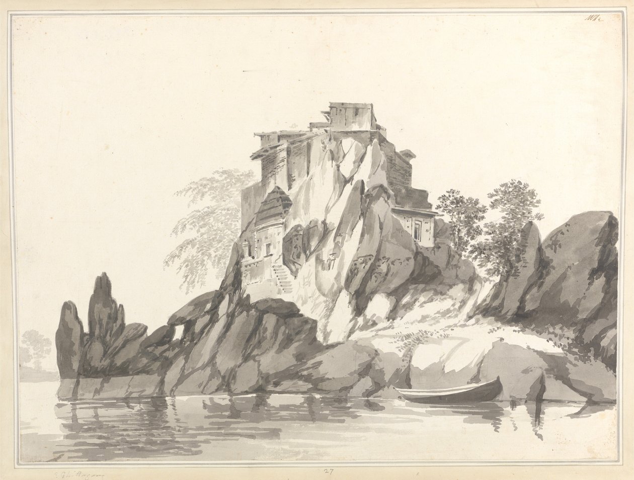 Gezicht op het eiland Jangerah [Jahangira] in de Ganges tegenover Sultanganj door William Hodges