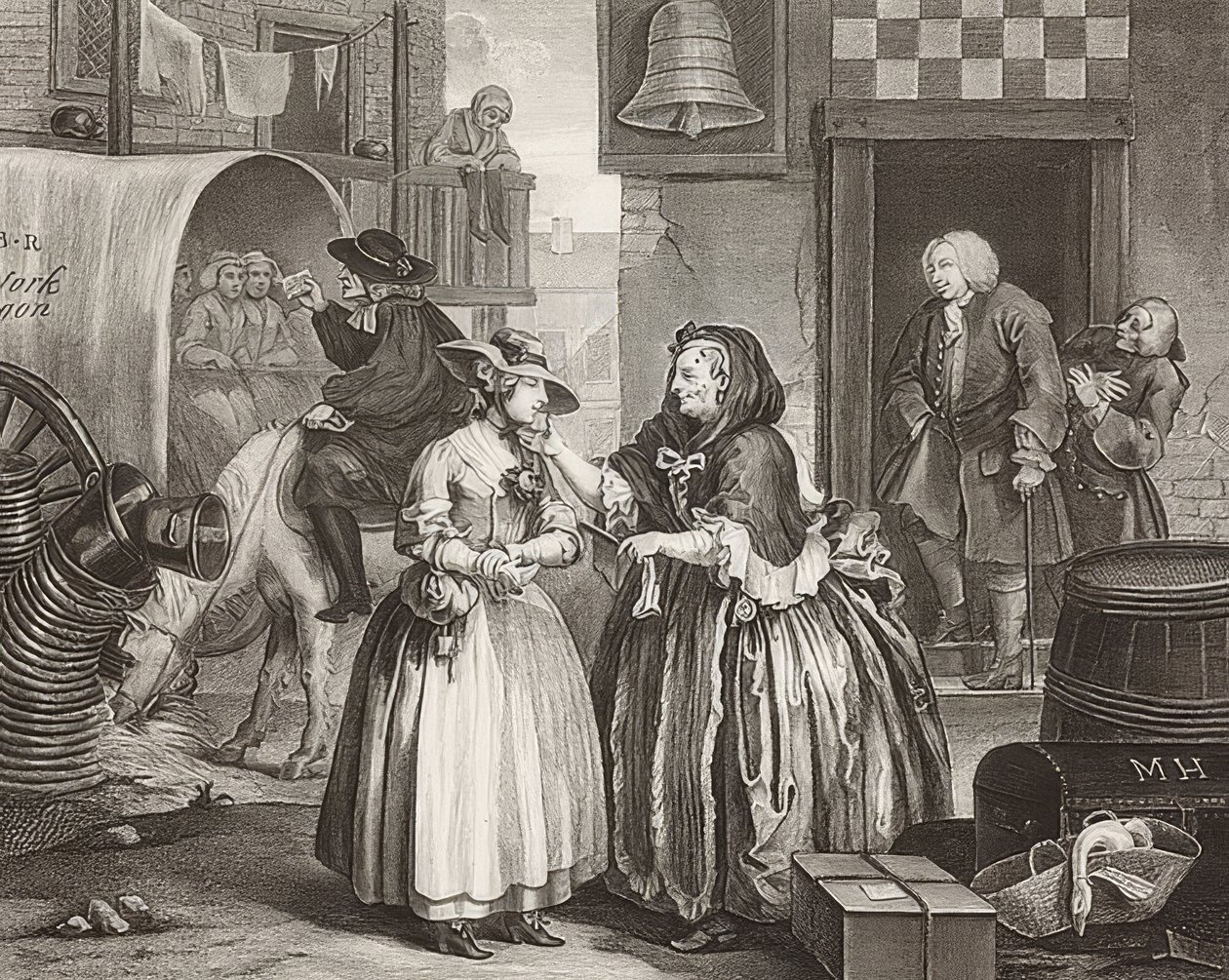 Het pad van een hoer. Blad 1: Aankomst in Londen. 1732 door William Hogarth