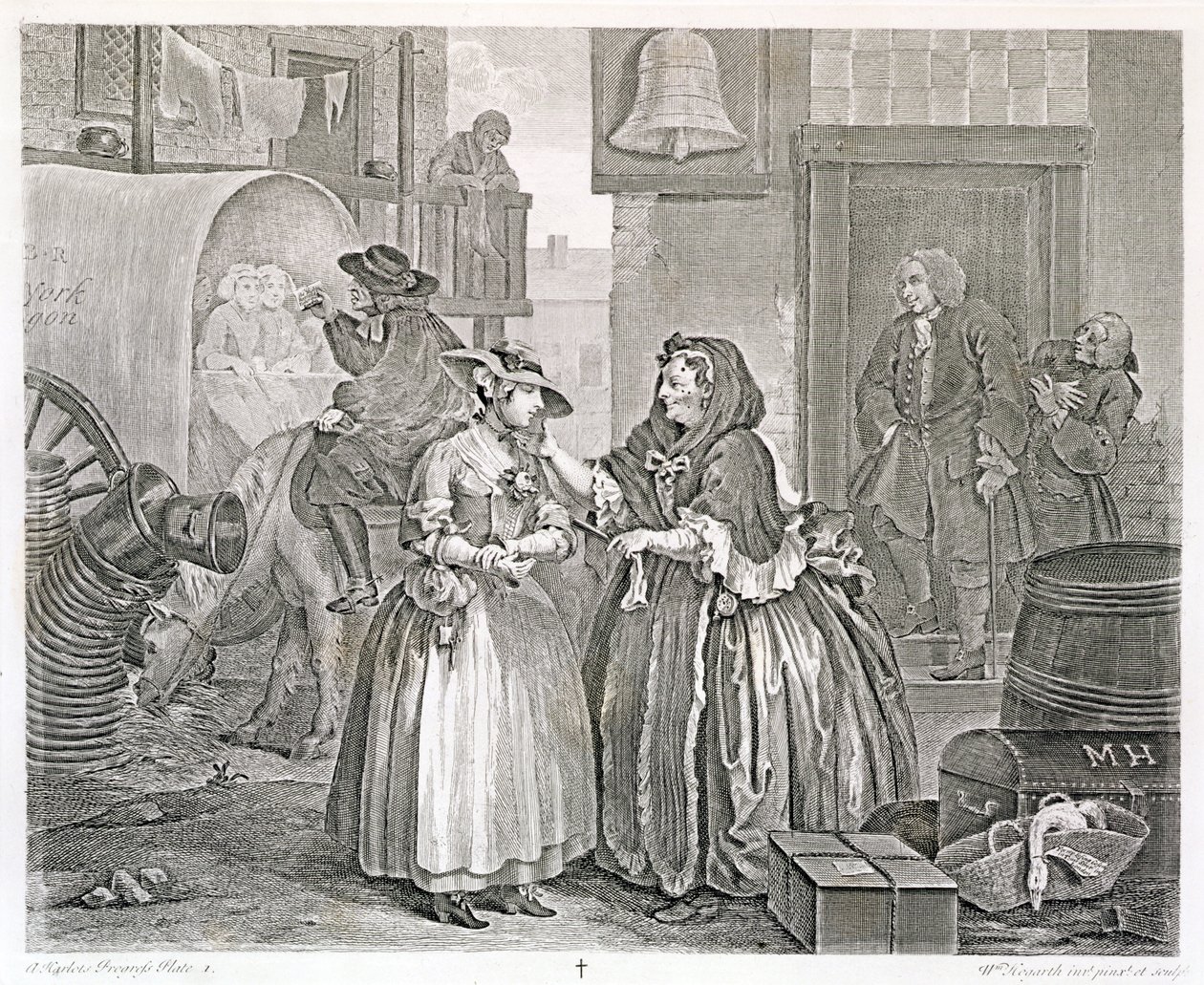 Het verloop van een hoer, plaat één: Verleid door een koppelaarster, 1732 door William Hogarth