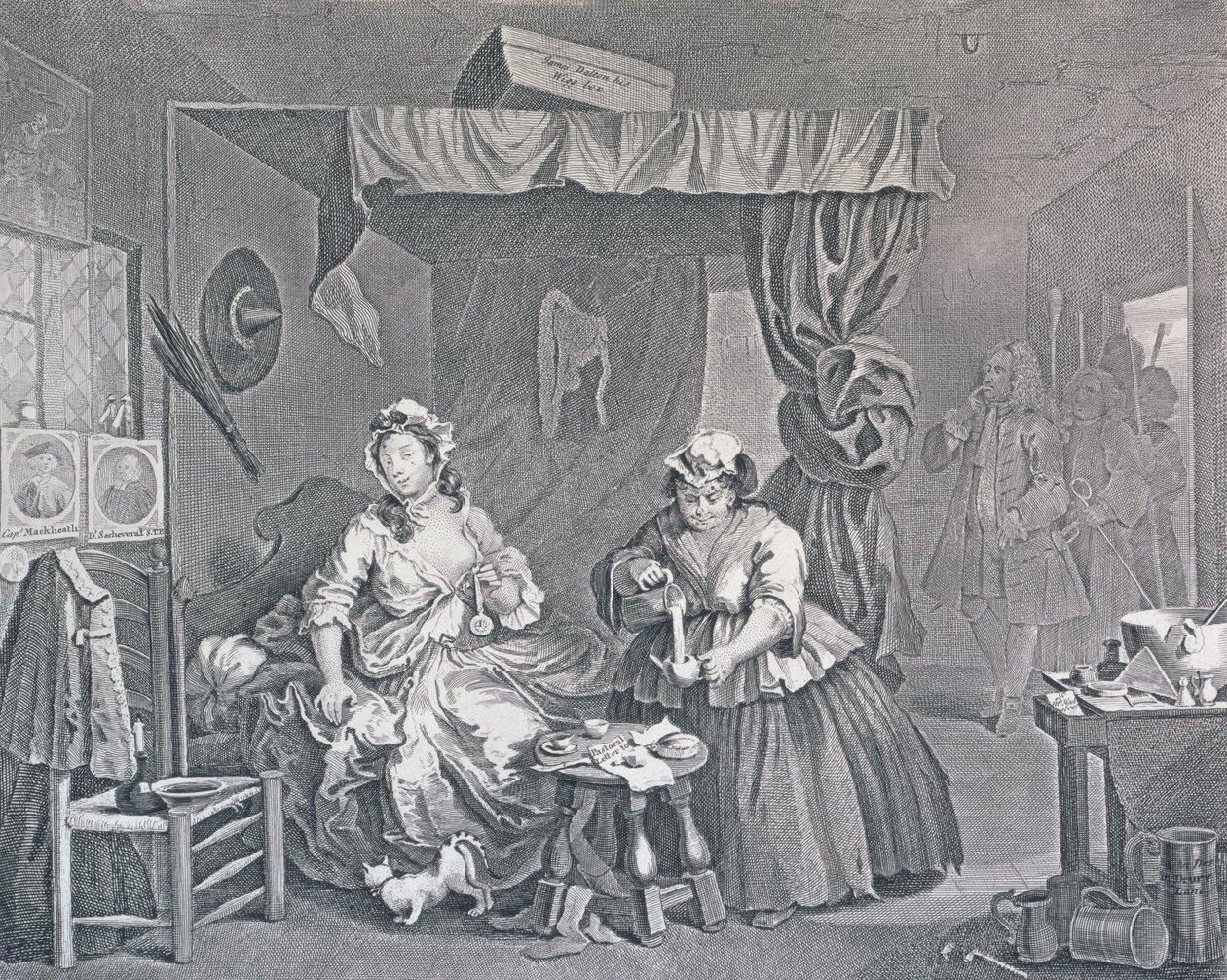 Het Verloop van een Hoer, Plaat Drie: Gearresteerd door een Magistraat, 1732 door William Hogarth
