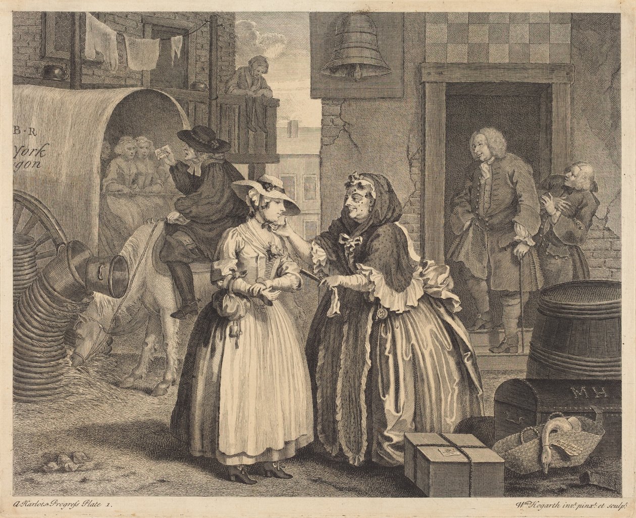 De loopbaan van een prostituee: plaat 1 door William Hogarth