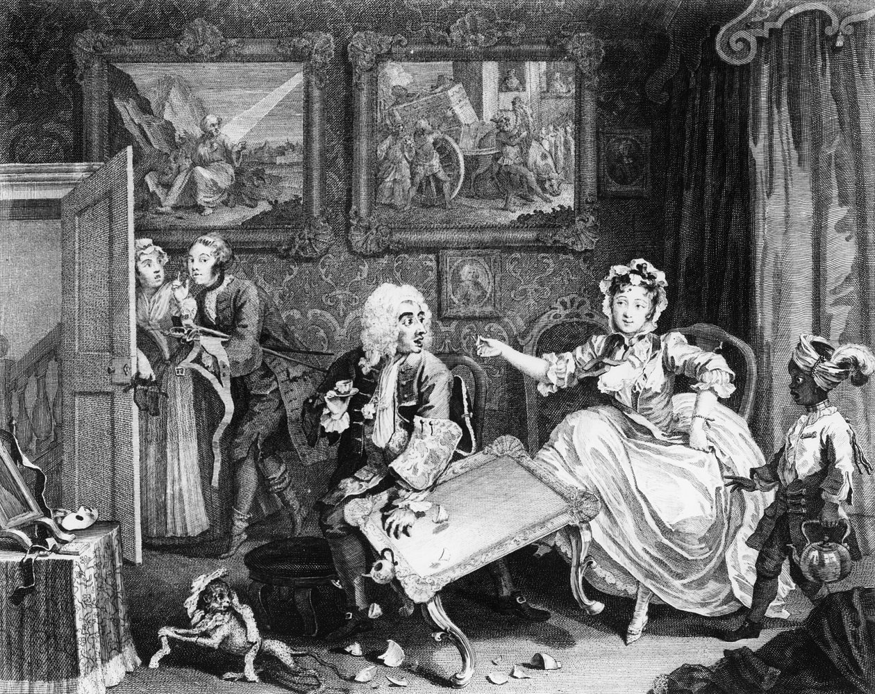 De vooruitgang van een hoer, plaat II, ruzies met haar Joodse beschermer door William Hogarth