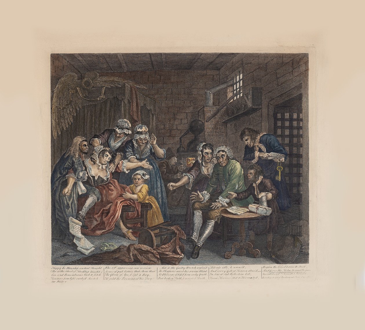 Een losbandig leven, Plaat 7: De gevangenisscène, ca. 1735 door William Hogarth