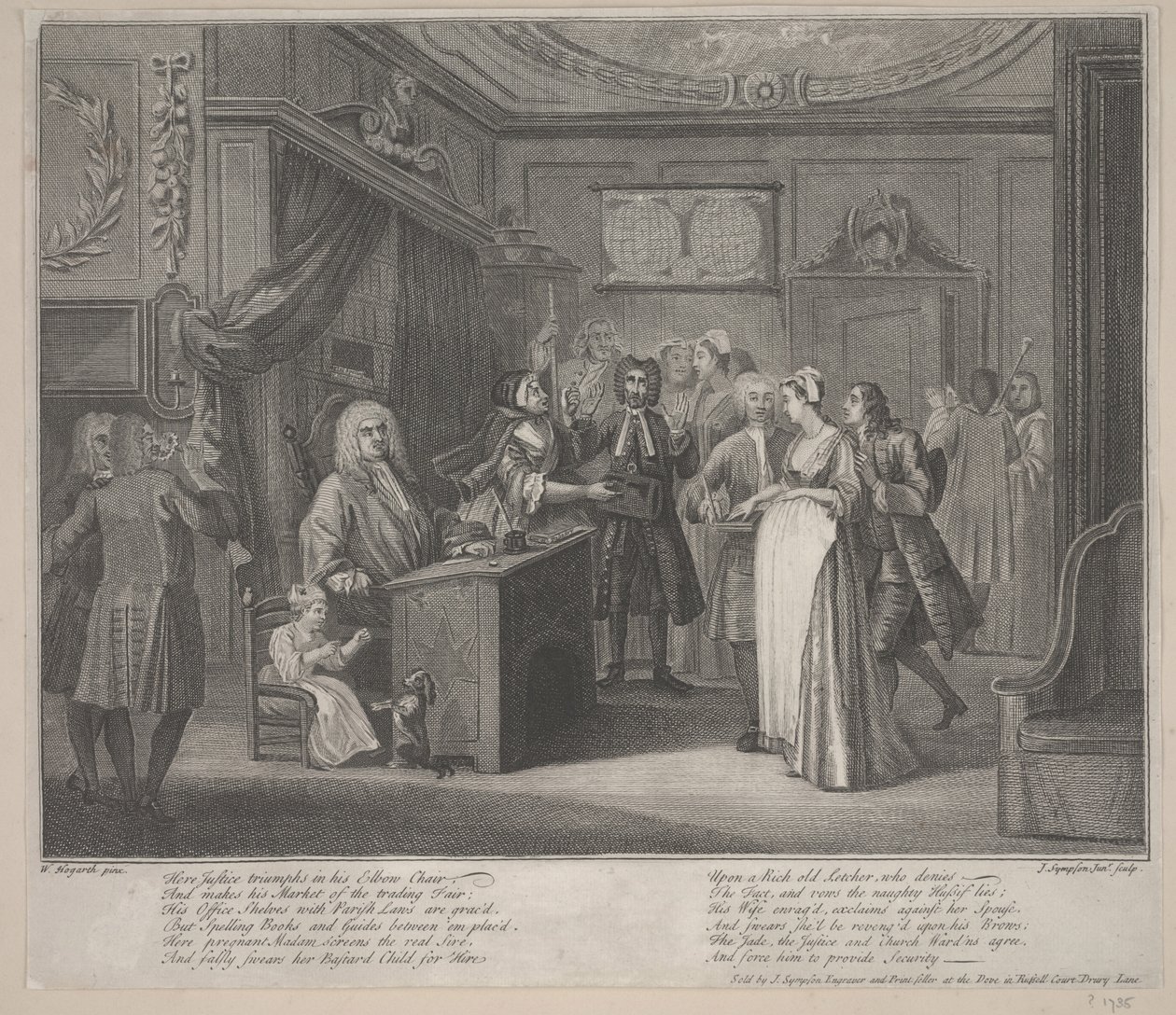 Een vrouw zweert een kind aan een ernstige burger door William Hogarth