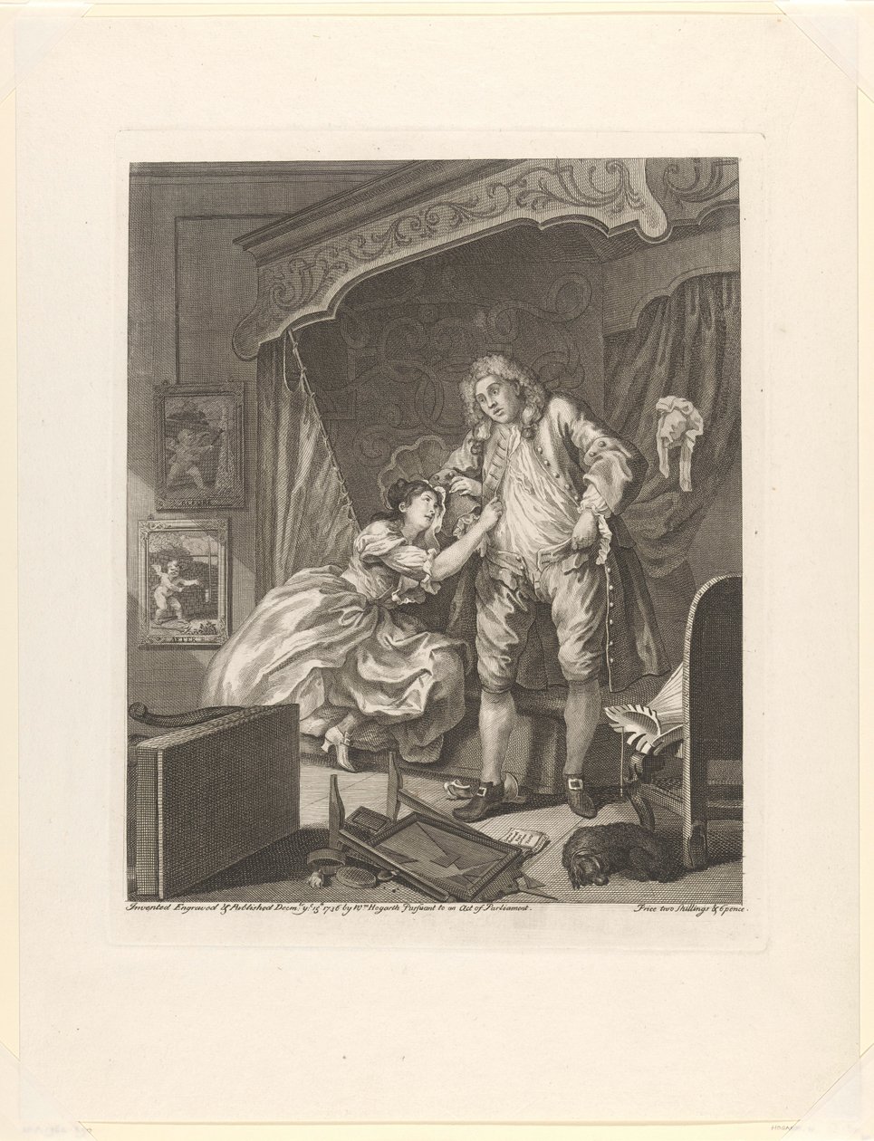 Vrouw hangt aan de arm van een man in een slaapkamer (serie titel) door William Hogarth
