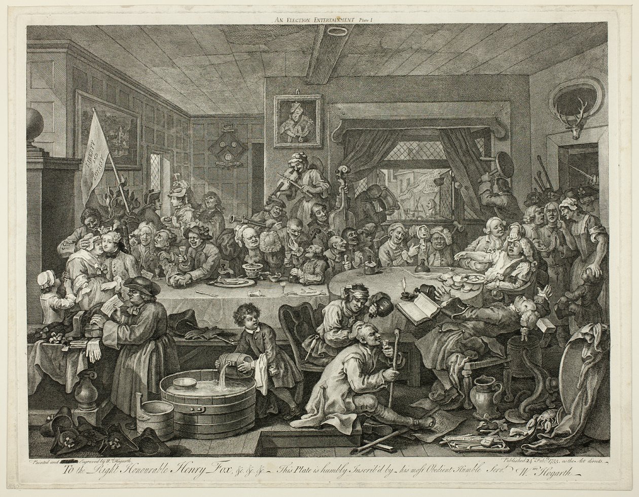 Een Verkiezingsentertainment, plaat één uit Vier Prenten van een Verkiezing door William Hogarth
