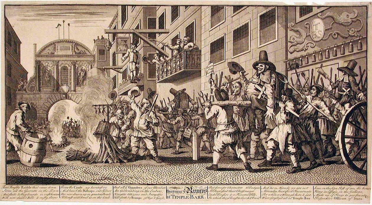 De Rumps in brand steken in Temple Bar door William Hogarth