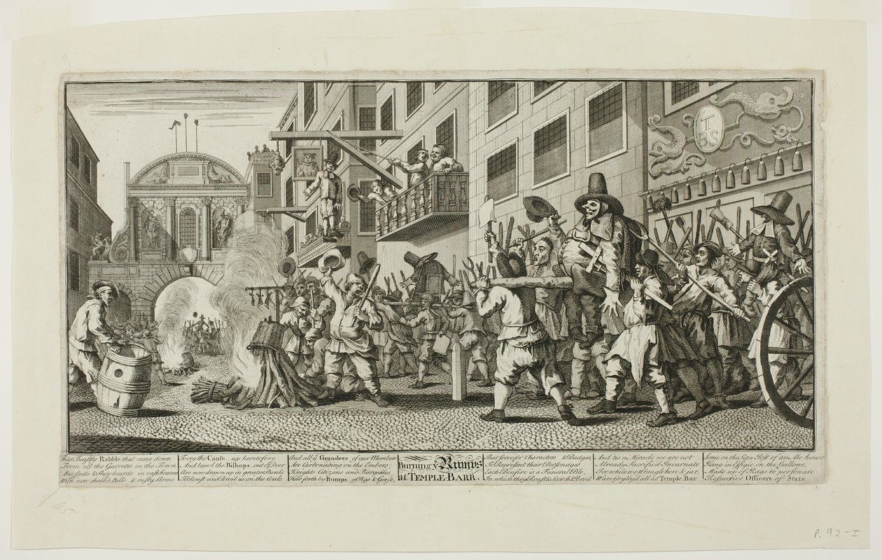 Burning the Rumps at Temple Bar, plaat elf van Hudibras door William Hogarth