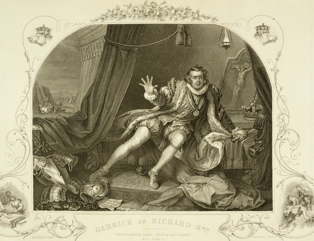 David Garrick als Richard III, Act V Scene 3, in het Toneelstuk van William Shakespeare, gegraveerd door Portbury door William Hogarth